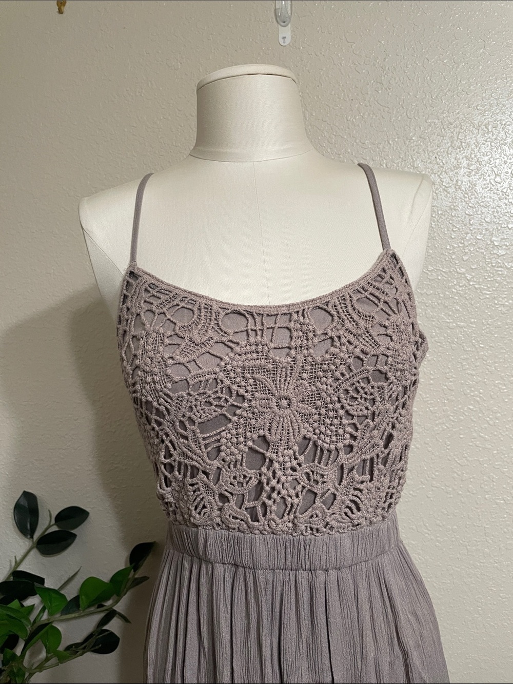 Time & Tru Crochet Bodice Spaghetti Strap Maxi Dress - Taupe